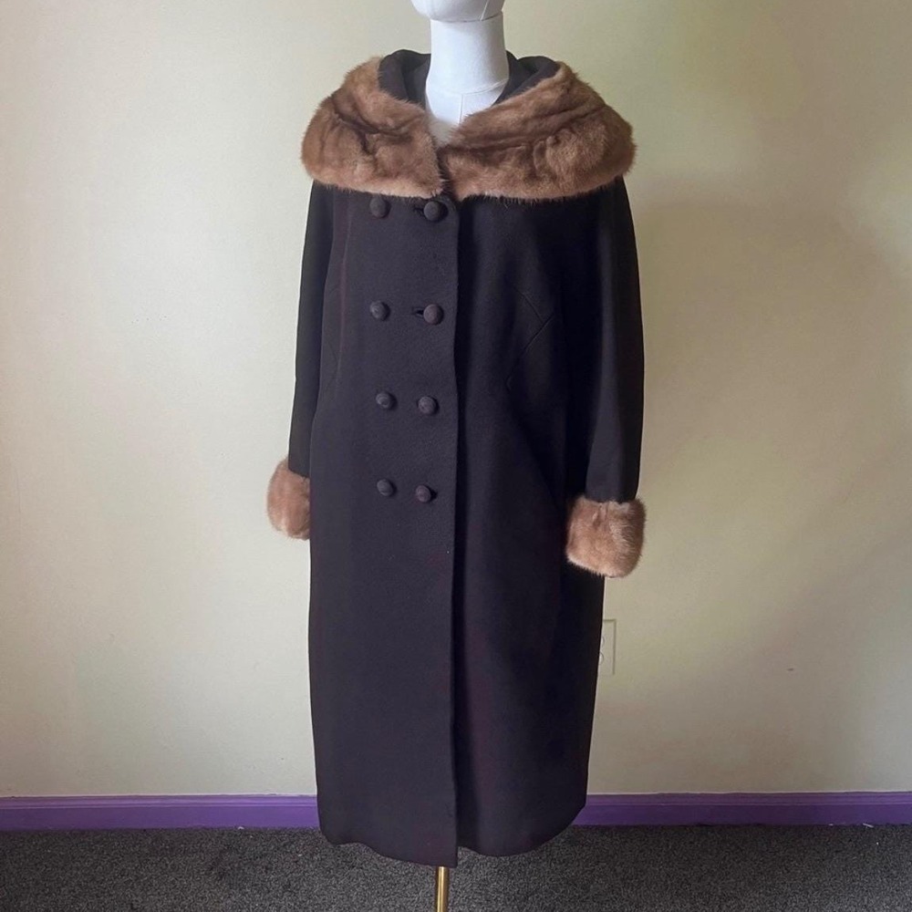 Vintage 1960s‎ Brown Wool Coat Mink Fur Collar & Cuffs L XL Double Breasted